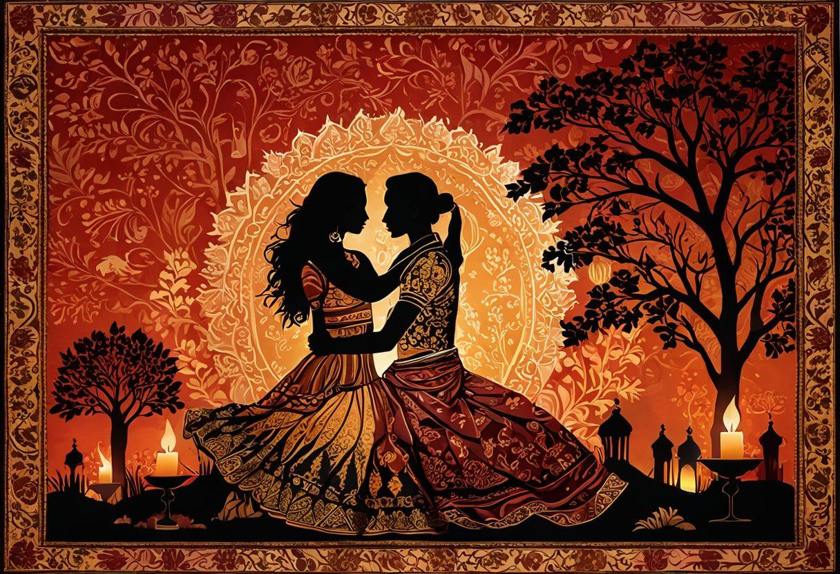 A vibrant, intricate tapestry depicting silhouettes of couples in various intimate poses, with rich Indian textile patterns in the background. The imagery should encompass cultural elements such as traditional Indian motifs, spices, and soft candlelight to evoke warmth and passion. Use a color palette of deep reds, golds, and earthy tones to reflect the essence of intimacy and heritage. super-realistic. warm colors. 3D.
