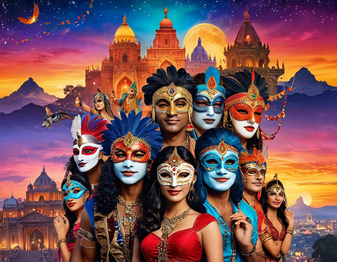 A vibrant collage showcasing the transformation from fantasy to reality, featuring iconic Indian landmarks blended with playful adult-themed elements like masquerade masks and festive lights. Include diverse couples engaging in playful interactions, representing the fun and freedom of adult entertainment. The backdrop should be a twilight sky with warm colors, symbolizing both adventure and allure. Artistic and whimsical style. vibrant colors. 3D.