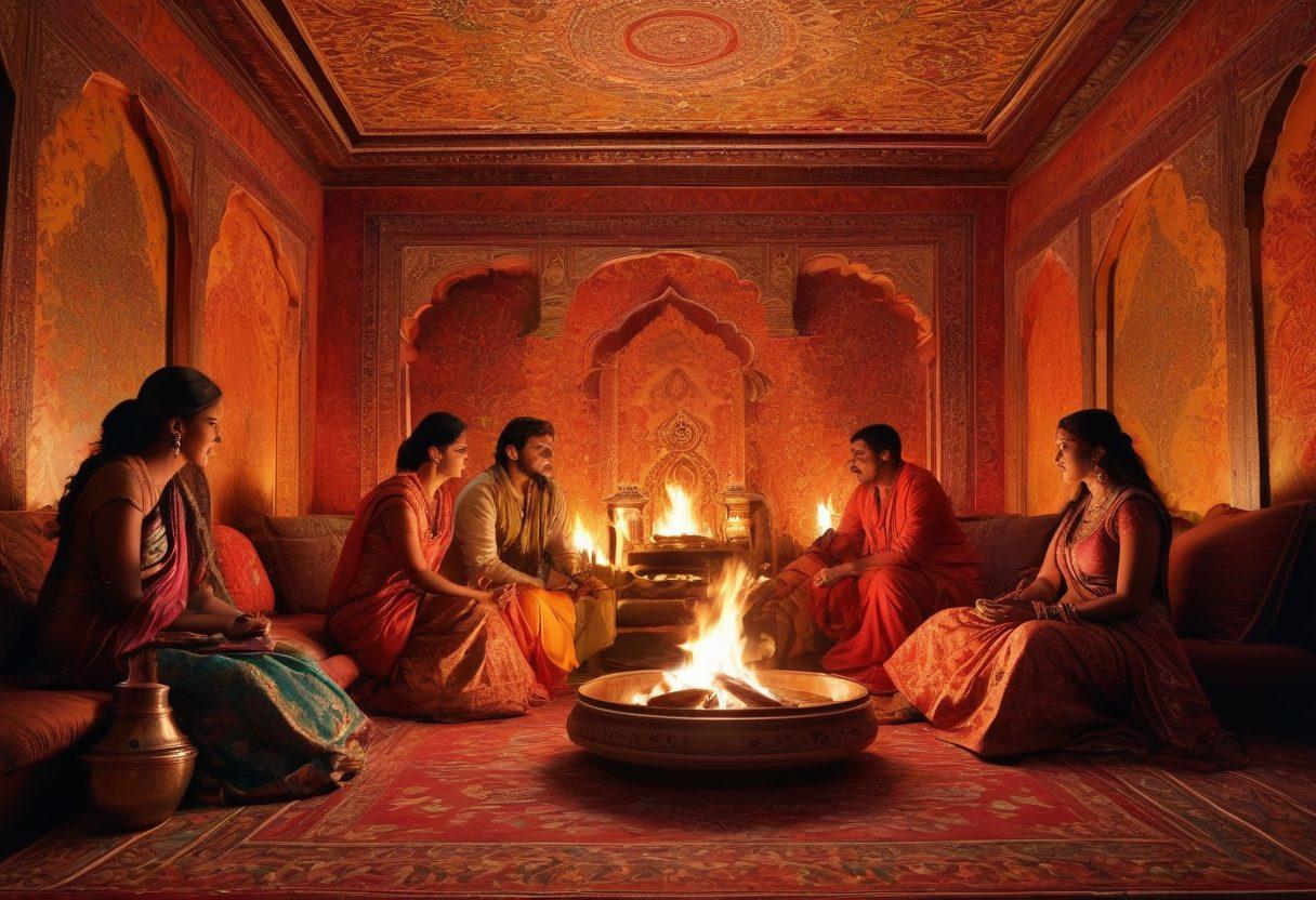 A colorful and vibrant scene depicting an intimate gathering, showcasing traditional Indian aesthetics through ornate fabrics and warm lighting. Include silhouettes of couples engaging in storytelling around a fire, with a backdrop of beautiful Indian motifs and intricate patterns. The atmosphere should evoke passion and intimacy, while maintaining a sense of cultural richness. super-realistic. vibrant colors. intricate details.